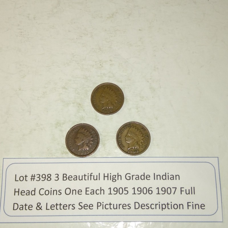 Lot #398 3 Beautiful Indian Head Penny Coins 1905-1906 1907 Fine See Pictures