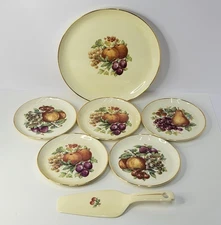 Vintage German Cake Dish Serving Set. Porcelain Fruit Design 22 Karat Gold Trim