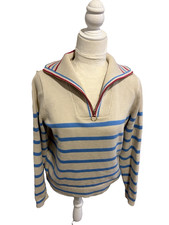 J.Crew Striped Funnel Neck Sweater S Ivory Cotton Knit Fisherman Coastal Preppy