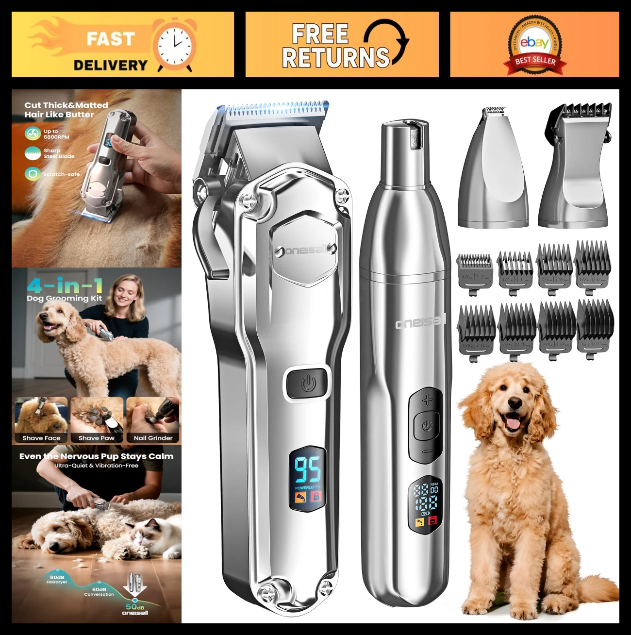 4-in-1 Dog Grooming Clippers Kit for Thick Coats, Low Noise, Cordless, Nail Grin