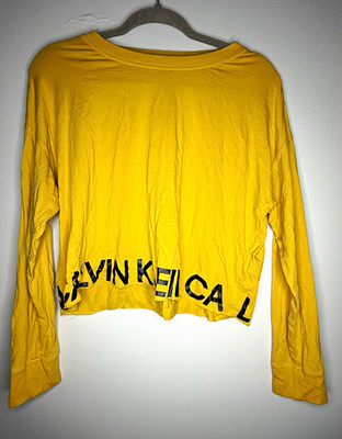 Calvin Klein Performance Women's Yellow Long Sleeve Crew Neck Crop Logo Tee S