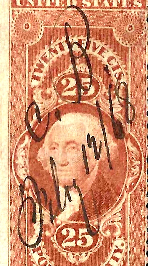 July 12 1868 Manuscript Cancel Revenue 25 Cent 1870 US 82E72 - Image 2 of 2