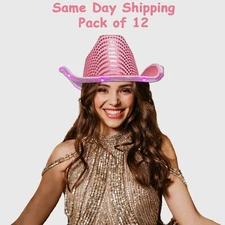 LED Light Up Flashing Sequin Cowboy Hats Pink - 12 Hats By Party Glowz
