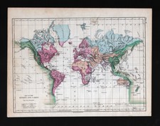Mapa físico del mundo Steinwehr 1873 ríos lagos océanos agua hidrografía tierra