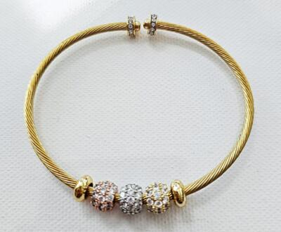 3 Loose Barrel Crystal Charms Thin Twisted Cable Bracelet Designer Gold