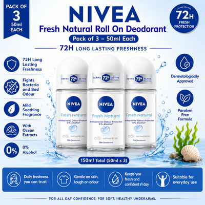 NIVEA Fresh Natural Roll On 50ml Pack of 3 Women Deo Ocean Extracts Fresh FS 