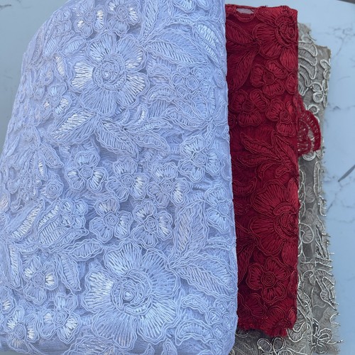 Sale! 3 Big PCS Embroidery Floral Pattern Metallic Cord Heavy Lace Fabric - Picture 2 of 16