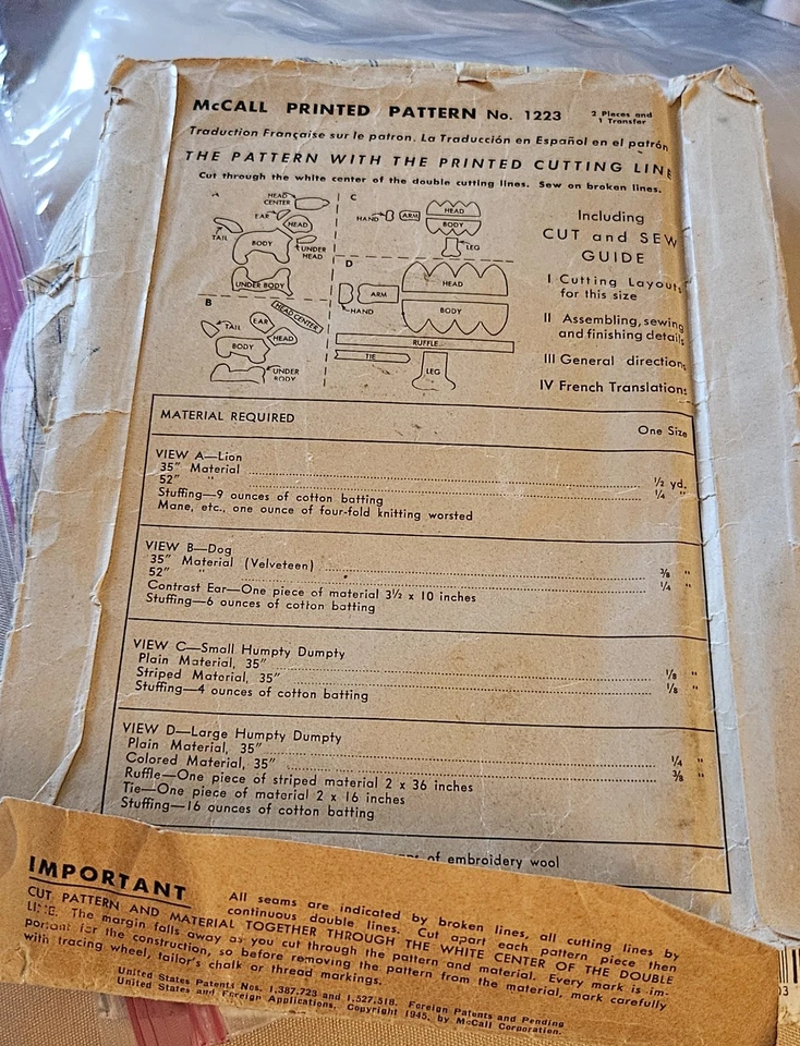 1945 Vtg McCall 1223 Lion Dachshund Humpty Dumpty Pattern Orginial - Image 2 of 4