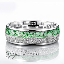 Meteorite and Green Moss Wedding Band | Silver Tungsten Ring – 7mm