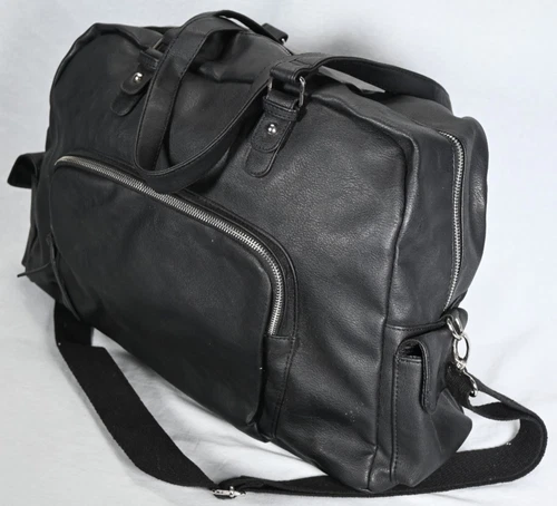 Black Faux Leather Carry On Duffle Weekender Bag