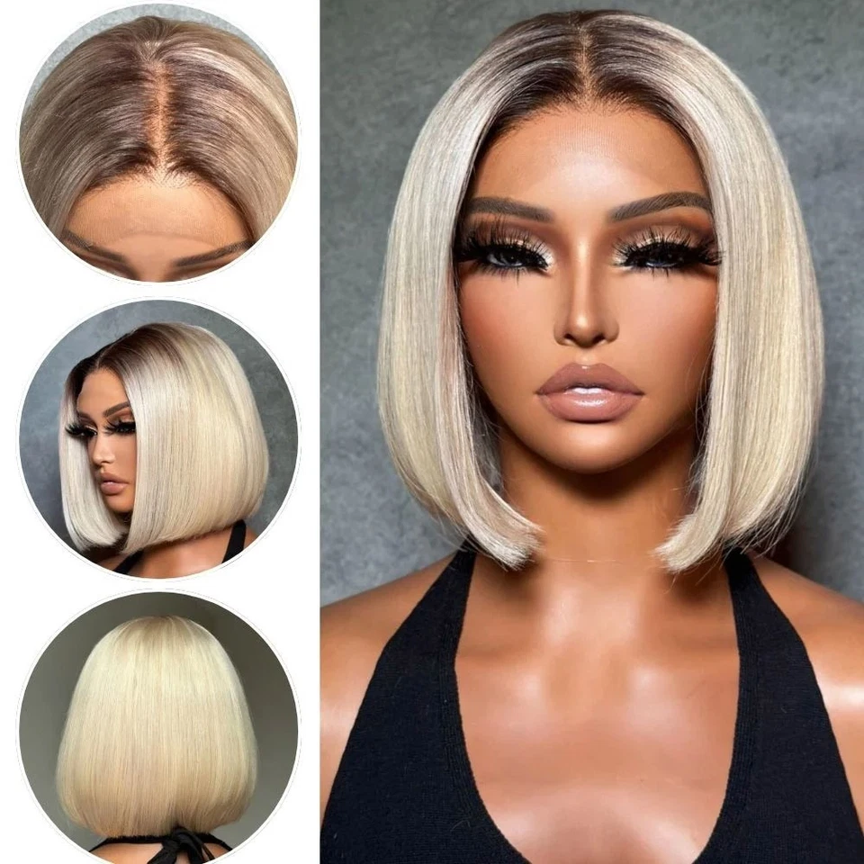 Peluca Bob Cabello Humano 13x4 Rubio Ceniza Raíz Oscura Ombre Rubio 4T613 Pelucas Bob Cortas Foto 2 de 4