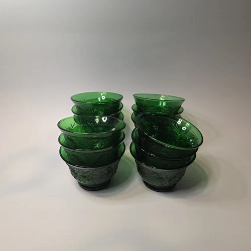 Vintage Anchor Hocking Forest Green Sandwich Glass Custard Cup Set of 12