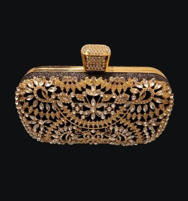 Gold Rhinestone Floral Clutch Bag with Crystal Clasp, Gold/Black Evening