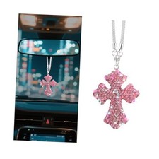 Bling Cross Car Rear View Mirror Hanging Ornament, Crystal Rhinestones Pink