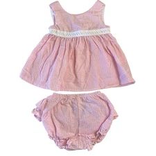 Pink and White Seersucker Stripes Two Piece Peplum Top Ruffle Bloomers Bottoms