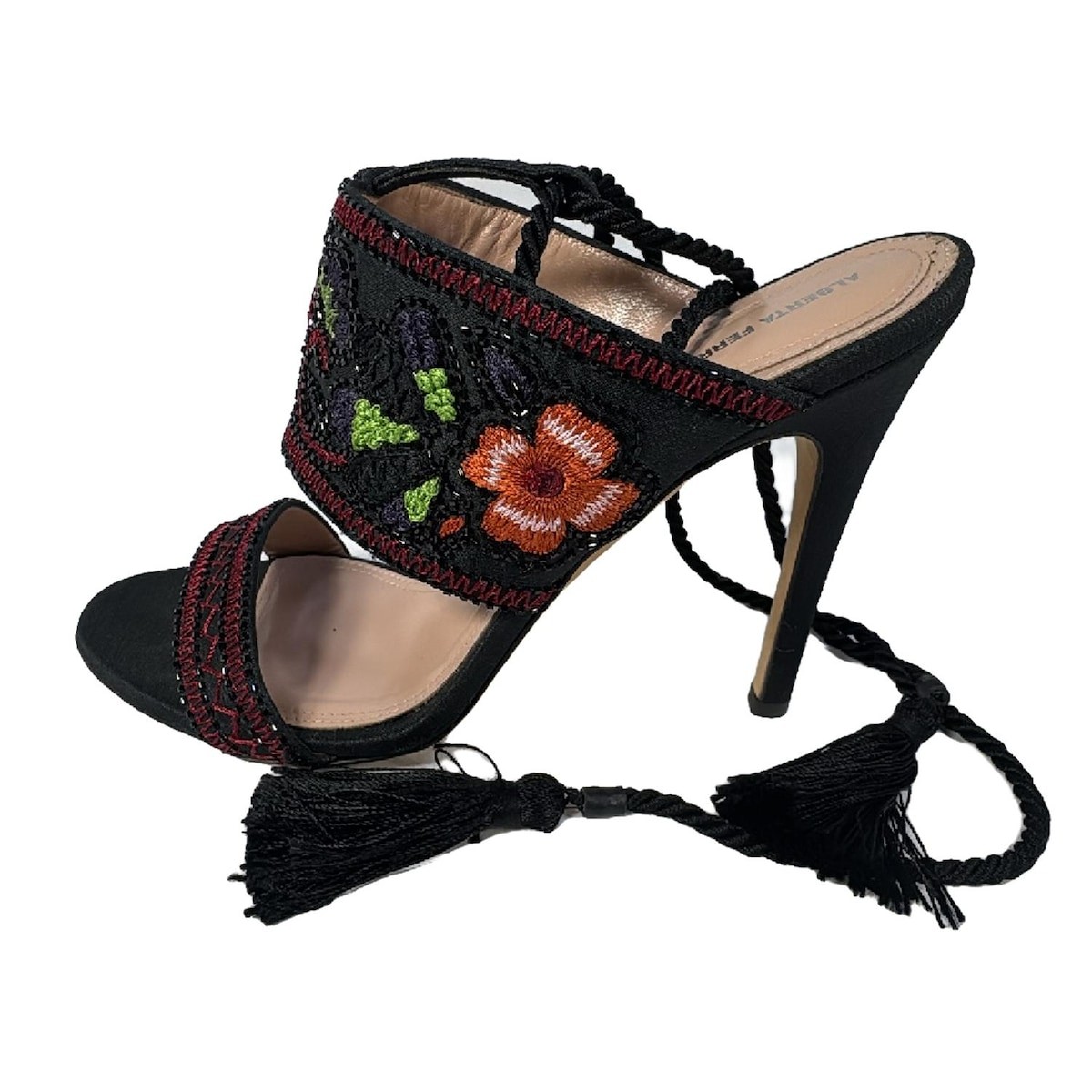 Auth ALBERTA FERRETTI Black Red Multi Satin Women's Sandals