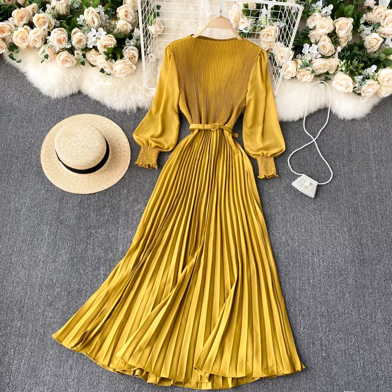 Lady Pleated Long Dress High Waist Elegant Long Puff Sleeve Evening Party  Dress