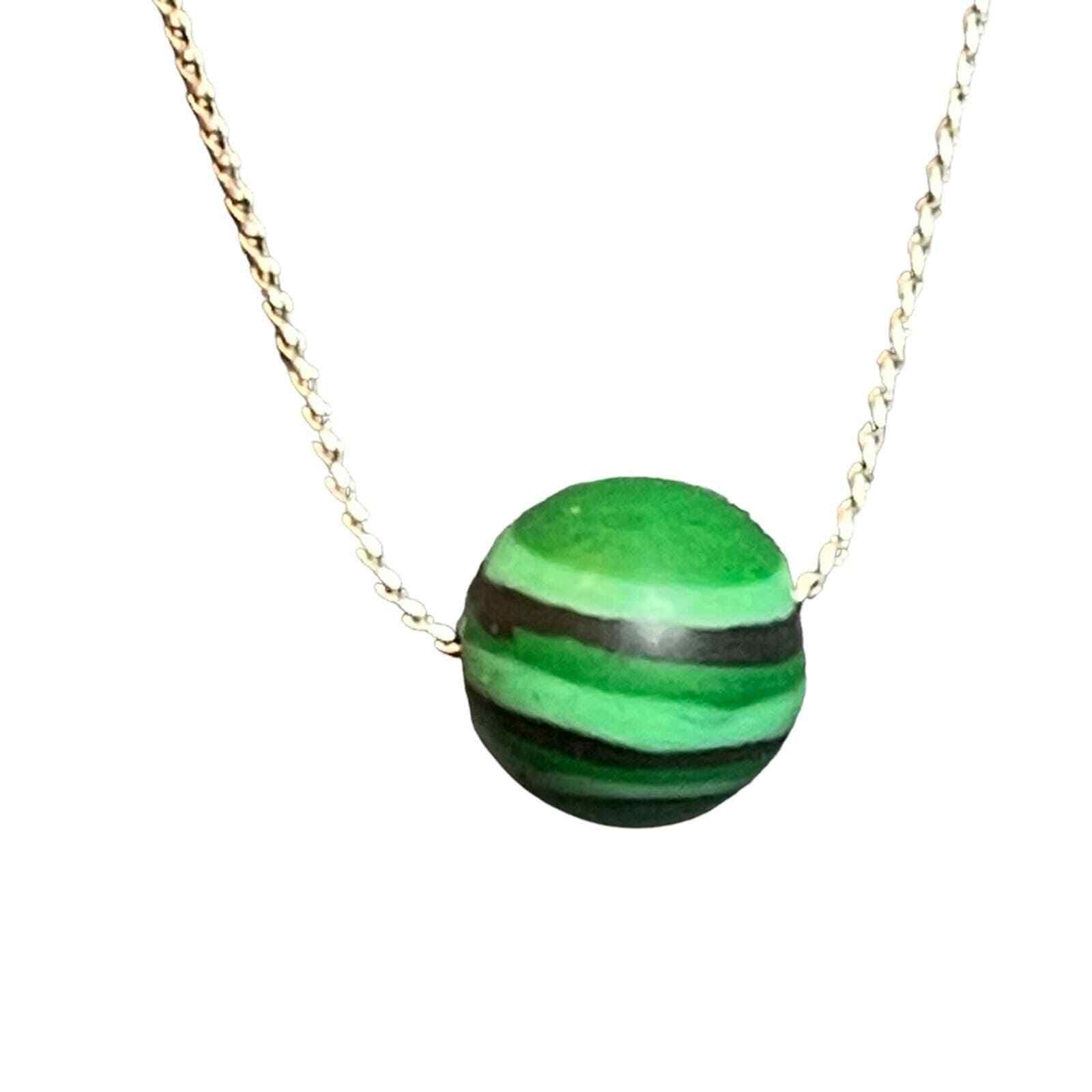 Zad Green Handmade Swirled Clay Bead And Silver Chain Necklace