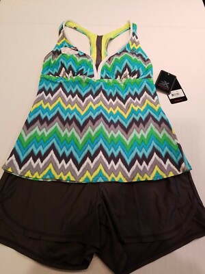 Zero Xposur Women's 2pc Gray Yellow Green Teal Swimsuit  Beachy Coastal Modest