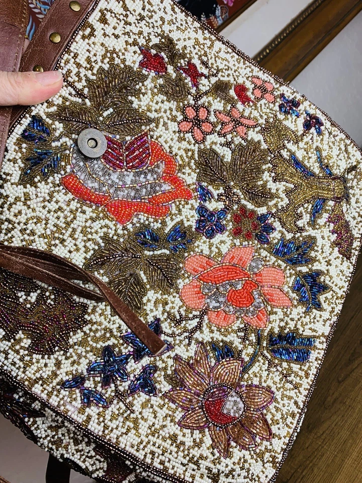 VTG Christiana Glass Hand Beaded White Earthtones Shoulder Bag Large Crossbody - Image 4 of 4