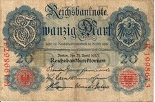 !Rarität / rarity! Banknote 20 Mark (Ausgabe 21.4.1910 mit WZ Udr: E Serie: K)