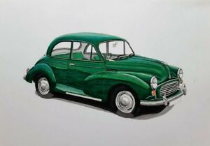 Vintage Car Morris Minor Hand Drawn Artwork Drawing Green Old Car 1950s Size A3 Ebay