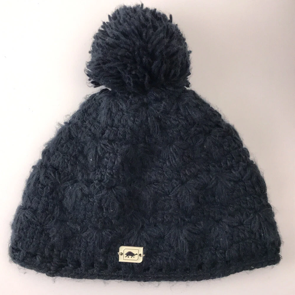 Blue Knit Turtle Fur Pom Pom Hat With Emblem and fleece lining