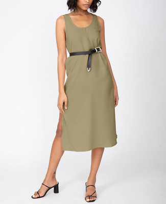 Midi Summer Tank Dress in Khaki Green - Loose Fit - Side Slits - Size M UK 10-12