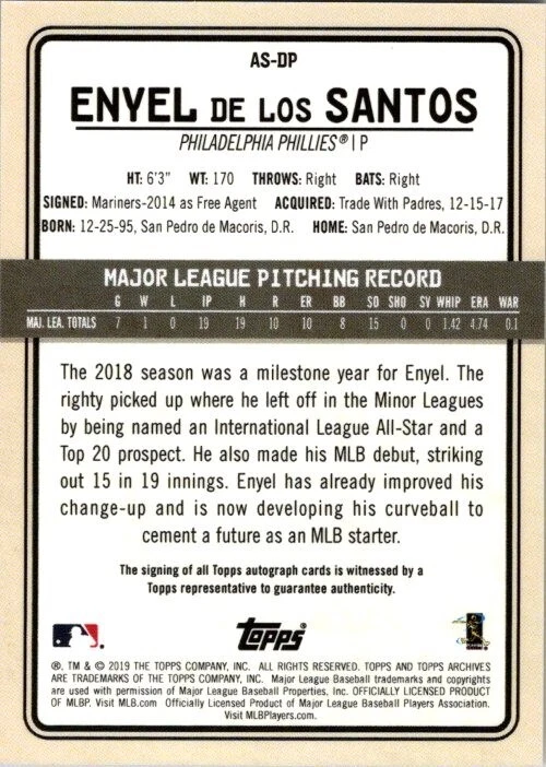 2019 Topps Archives Snapshots ENYEL DE LOS SANTOS Phillies AUTO Insert - Image 2 of 2