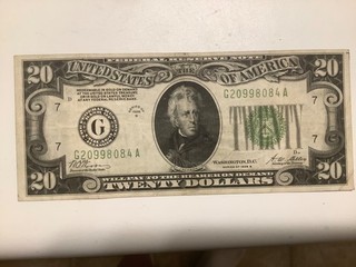 1928B TWENTY DOLLAR FEDERAL RESERVE NOTE GREEN SEAL GOLD CLAUSE CIRCULATED