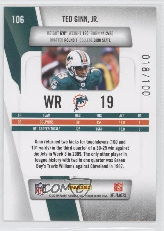 2010 Playoff Prestige Xtra Points Red /100 Ted Ginn Jr #106 - Image 2 of 2