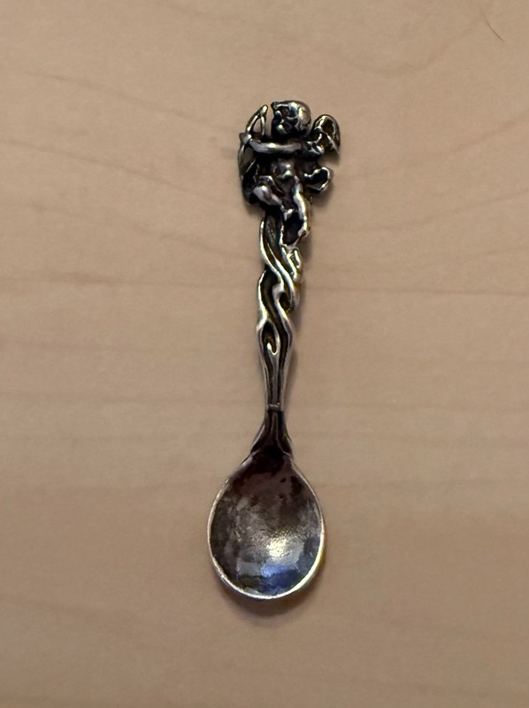 ANTIQUE SALT CELLAR CHERUB HANDLE SPOON MUST SEE!