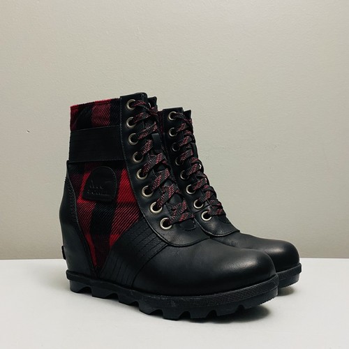 SOREL Lexie Womens Black Leather Ankle Boots Buffalo Plaid NL3377-010 Size 8.5 - Picture 4 of 15