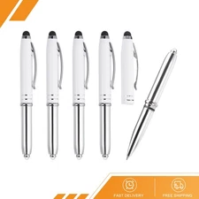 5 x Ballpoint Pen w Stylus Tip and LED Flashlight Metal Pen White