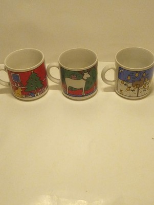 Set of 3 Retro Illustrated Christmas Coffee Mugs with Multiple Christmas Scenes