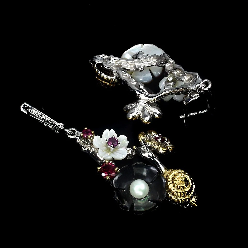 925 orecchini in argento Rodolite granato mocio fiori intagliato perla... - Immagine 3 di 4