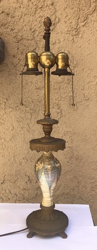 ANTIQUE LAMP DURAND GLASS THREADED HOOKED FEATHER SIGNED M.S. CO. FIXTURE NICE!