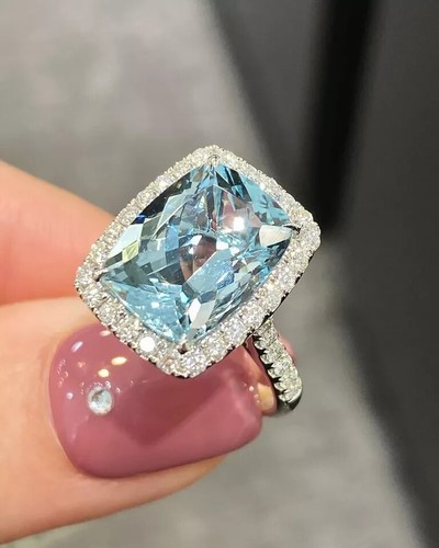 5.51 Ct Cushion Cut Natural Aquamarine Diamond Wedding Ring 18K White Gold 6 7 8 - Picture 3 of 8