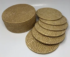 Woven Rattan Hot Pads Trivets Set of 6 with Lidded Basket Holder 8" Boho Retro