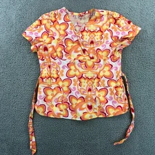 White Cross Scrub Top Women’s Orange Yellow Floral Print Nursing Medical Vet