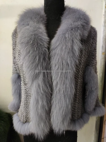 Handmade Knit Real Genuine Mink Fur Coat with Fox Fur Collar Shawls Wraps Cape - Picture 14 of 47
