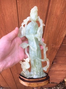 Fine Chinese Antique Green Jade Jadeite Figure On Hardwood Stand Hard Stone