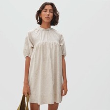 Everlane The Shirred Sandstone Floral Puff Sleeve Mini Yoke Dress Prairie Small