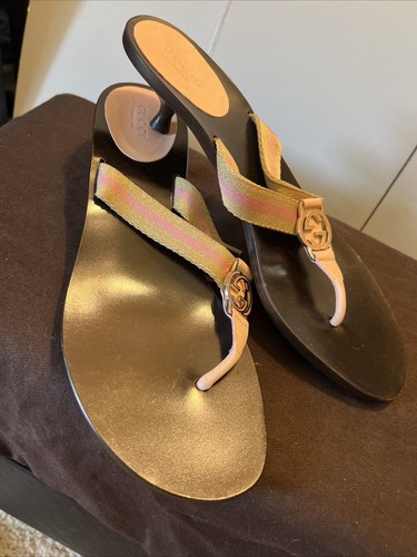 Gucci 9 GG Logo Sandals Mid Kitten Heels THONGS Flip Flop Slides Pale Pink Gold - Picture 2 of 23
