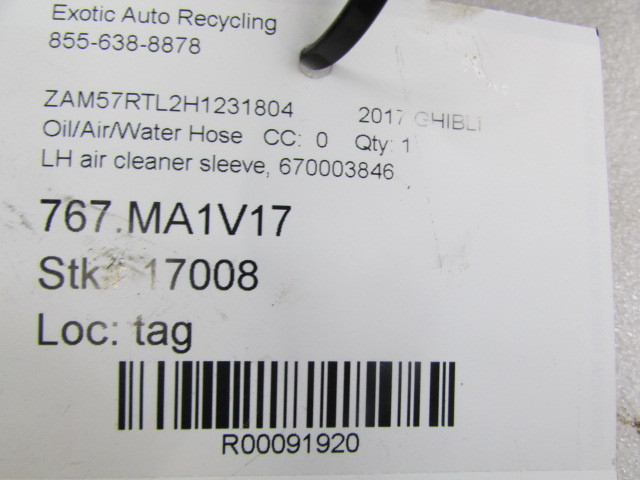 Maserati Ghibli, LH Air Cleaner Sleeve Duct Tube, Used, P/N 670003846