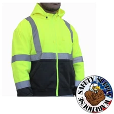 Hi Vis ANSI Class 3 Lime Safety Black Bottom Zip Fleece Hooded Sweatshirt S-5XL
