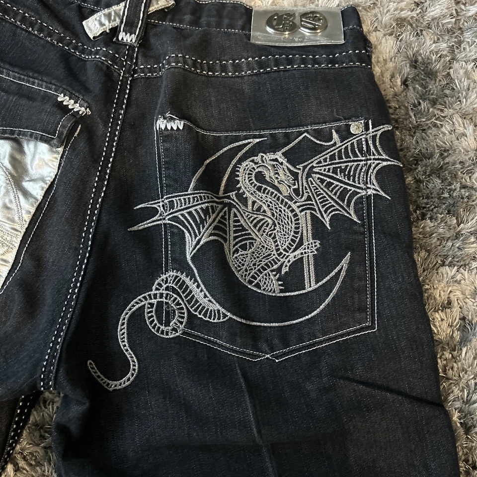 Jean Shorts Rare GAO Jeans Embroidered Full Art Size W36 L15 Y2K Jnco 90’ - Image 2 of 4