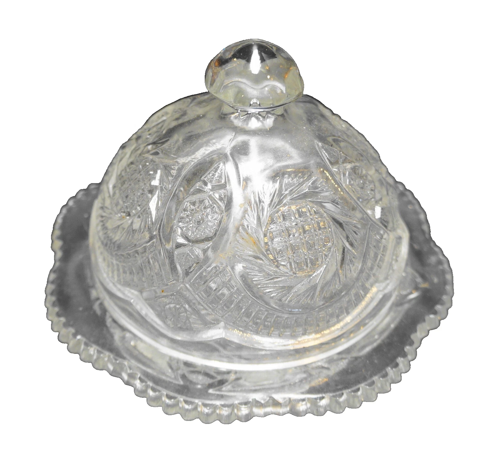 LE Smith Sunburst Clear Glass Domed Butter Dish 1980s