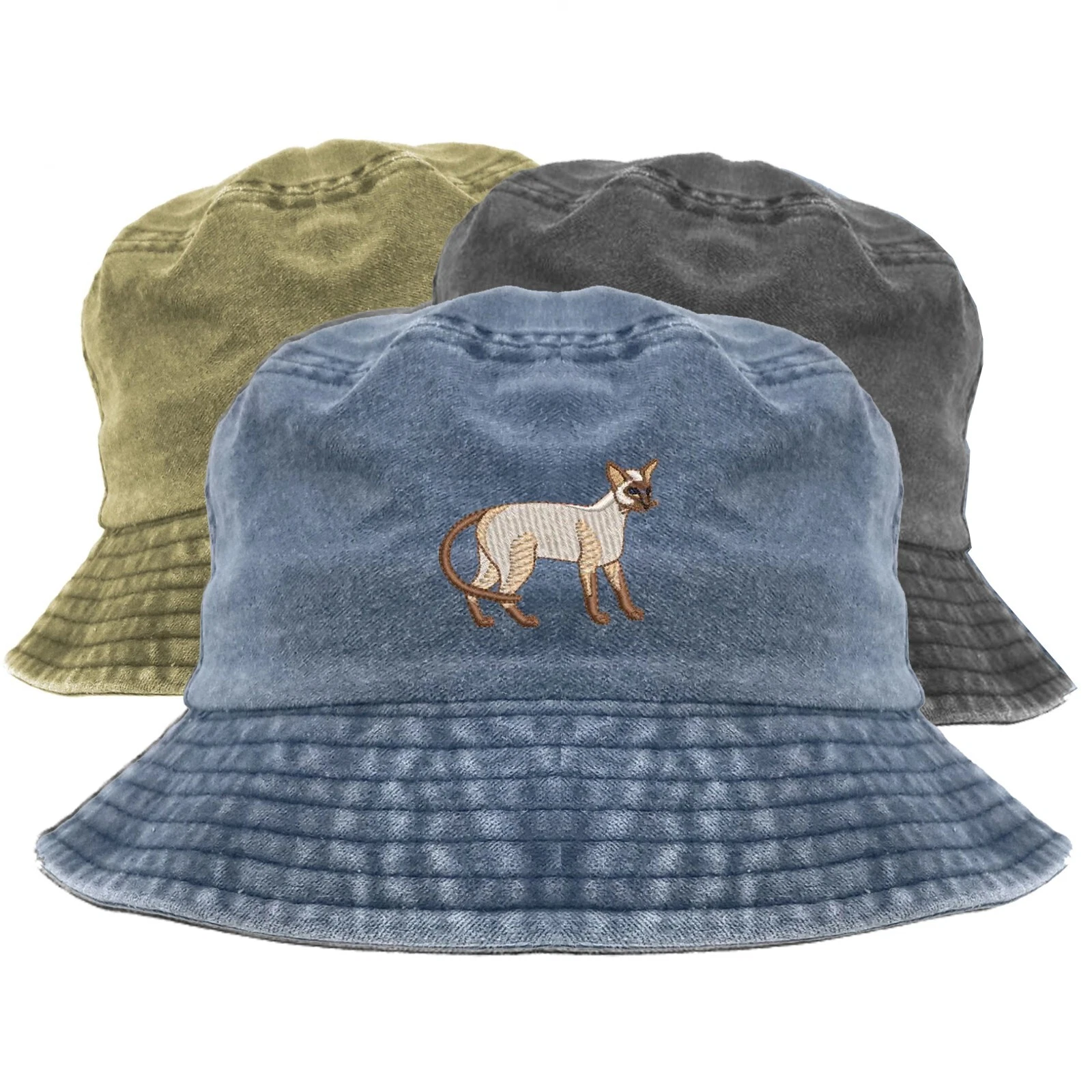 Siamese cat embroidered bucket hat, pigment dyed bucket hat