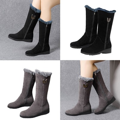 Women Plush Lined Thicken Warm Mid-Calf Boots Flats Snow High Boots Round Toe